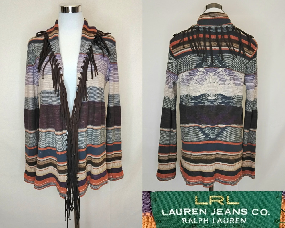 Lauren Ralph Lauren Cardigan Women's Small Striped Fringe Colorful #J6142